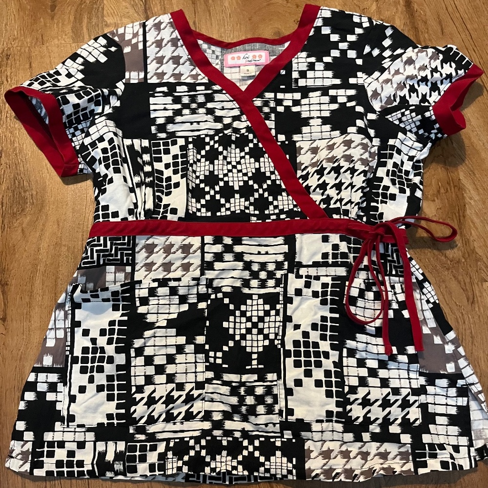 XS red black and white scrub top
